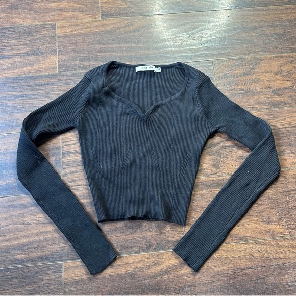 Knit Mix Tops - Knit Mix Black Ribbed Long Sleeve Crop Top